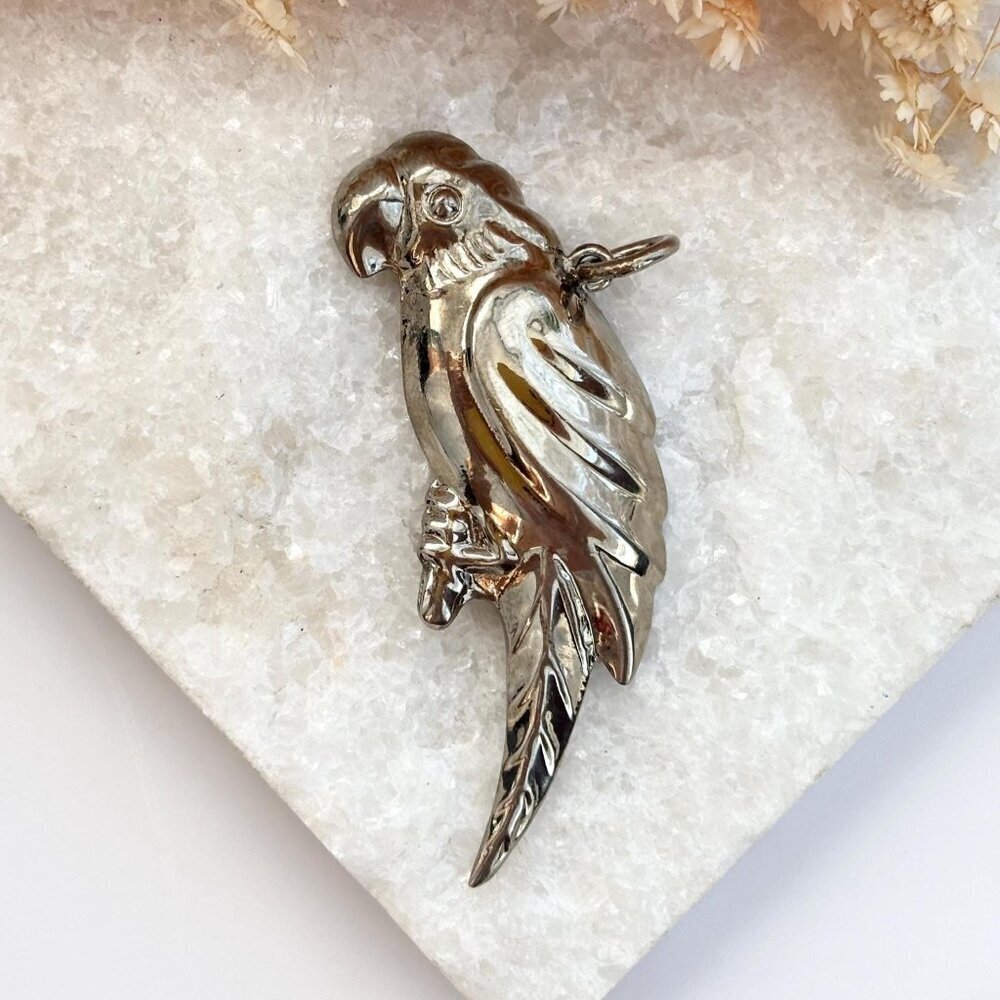XL Parrot | Bird Figural Handmade Silver Toned Polished Vintage Pendant